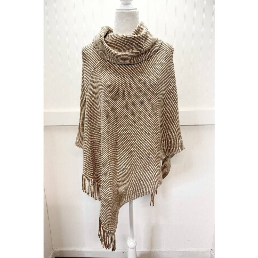 Beige/Tan Poncho Chicos Cowl Neck OS Metallic Striped Knit Sweater Fringe NEW
